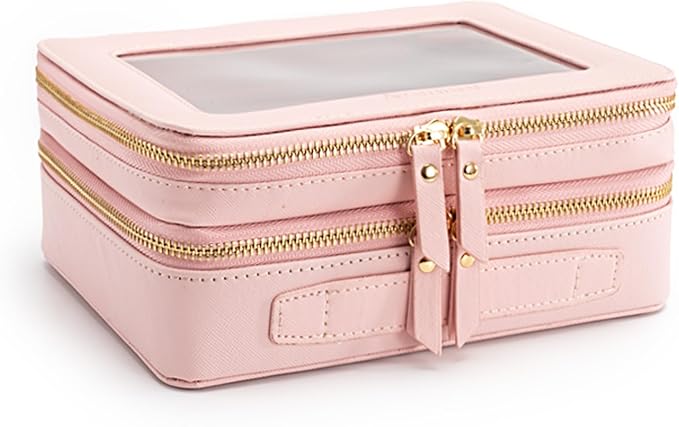 Aveniee XL Clear Makeup Organizer,Double Layer Travel Cosmetic Case with Brush Holder & Zippered Compartments, Large Toiletry Bag Train Case for Women.2 Layers, Pink - Image 7