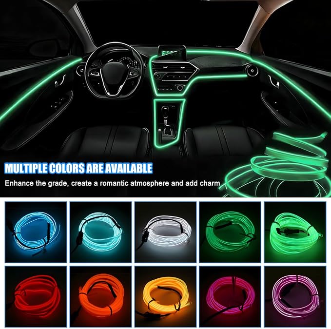 EL Wire Car LED Strip Lights, 10FT 5V USB Vehicle Ambient Lighting Kit with Fuse Protection, Automotive Interior Neon Decoration Lamp with 5mm Sewing Edge, Universal Fit (Green) - Image 3