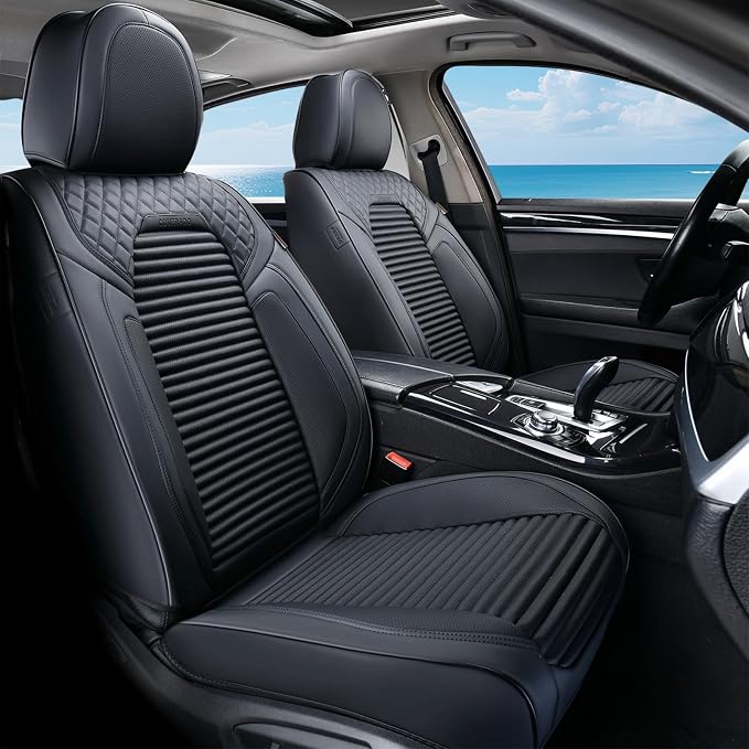Coverado Front Seat Covers, Black Nappa Leather Car Seat Covers, Black Seat Covers for Cars, Car Seat Protector Cushions Universal Fit for Most Sedans SUV Pick-up Truck by COVERADOAUTO