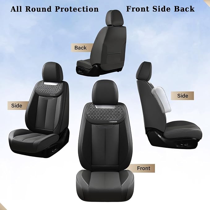 Coverado Car Seat Covers Full Set, Luxury Nappa Leather Seat Cover, Universal Seat Covers for Cars, Front and Back Waterproof Seat Cover Car Seat Protector Fit for Most Cars(Black) - Image 9