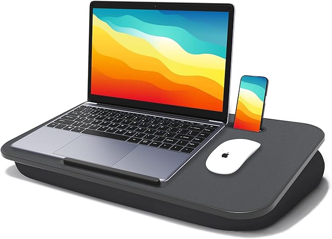 Lap Desk with Cushion, Fits up to 17 inch Laptop, Pillow Designed, Portable Laptop Stand with Tray, Pad & Phone Holder, Home Office for Bed/Couch/Car/Reading/Writing,MillHome (Black) by MillHome