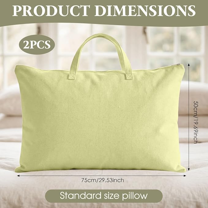 2 Pack Travel Pillow and Blanket Bags, 100% Cotton Canvas Pillow Storage Bag with Handles, Heavy Duty Breathable Organizer for Bedding Linens, Pillow Bag for Traveling(2,Olive Green,20"x30") - Image 2