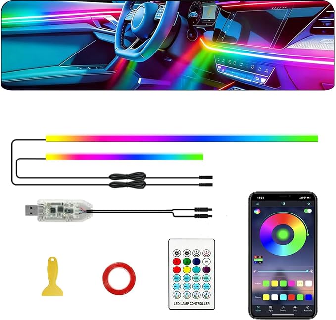 Ambient Lighting Car Led Lights Interior,57in USB Dreamcolor 2 in 1 Acrylic Neon Flexible Strip Fiber Optic LED Ambient Lighting Kits with Remote APP, RGB Music Lights Sync for Inside car Decorations by Sxlofty