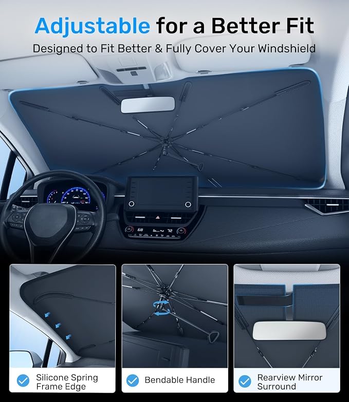 Zanch 2026 Upgraded Car Windshield Sun Shade [Cool Down by 75℉ ] with Heat Insulation Coating, Foldable Sunshade Umbrella Flexible Handle & Ribs, Medium (57''x32'') for Car, SUV, Truck, Van - Image 5