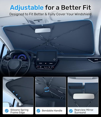 Zanch 2026 Upgraded Car Windshield Sun Shade [Cool Down by 75℉ ] with Heat Insulation Coating, Foldable Sunshade Umbrella Flexible Handle & Ribs, Medium (57''x32'') for Car, SUV, Truck, Van - Image 5
