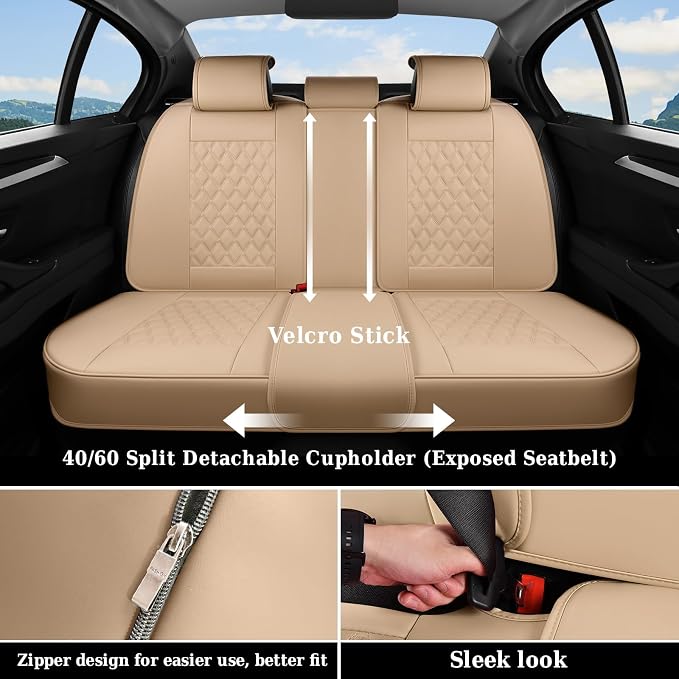 Coverado Rear Seat Covers, Soft Waterproof Faux Leather Rear Protectors for Sedan SUV Truck, Minimalist Comfortable Anti-Stain Interior – Beige - Image 2