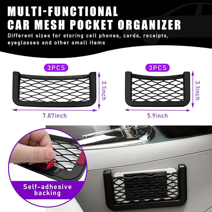 Dickno 6 PCS Car Pocket Phone Net, Universal Seat Side Storage Net Bag with Double Sided Tape, Automotive Frame Storage Net Pocket, Vehicle Interior Organizer for Phone Purse Bag - Image 2