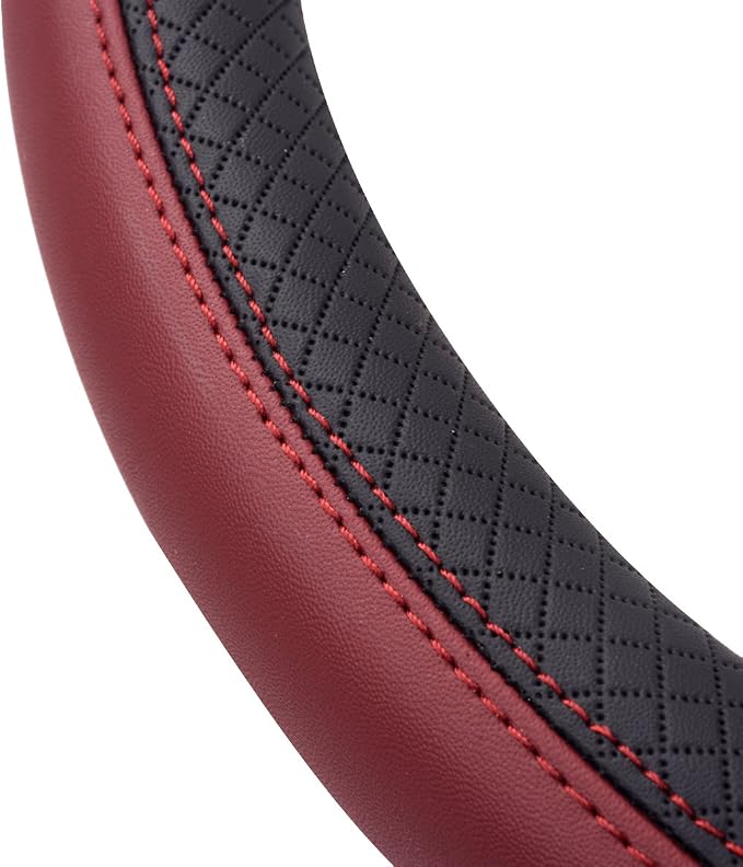 CAR PASS Rhombus Leather Universal Steering Wheel Cover, Fit for Suvs,Trucks,Cars,Sedans,Vans (Black&Burgundy) - Image 7