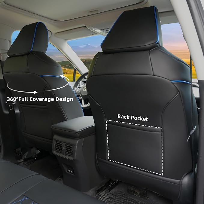 Lolcar RAV4 Seat Covers Custom Fit for Toyota RAV4 2019 2020 2021 2022 2023 2024 2025 LE,XLE,XLE Premium,Limited,Airbag Compatible,Seat Cover Full Set for SUV, Leather（ Black with Blue Trim） - Image 3