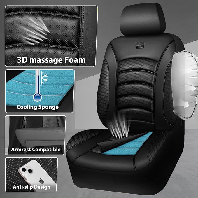 CAR PASS 3D Foam PU Leather Car Seat Covers, Universal Seat Covers Full Sets for Trucks SUV Sedan Automotive Seat Covers Armrest Airbag Compatible Waterproof Comfortable Faux Nappa Leather Pure Black - Image 7