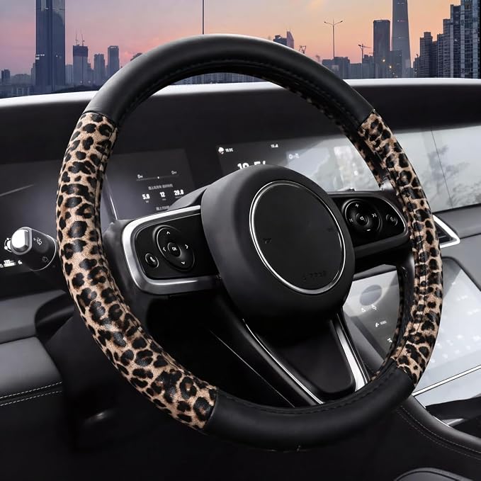 AUTOFAN Leopard Print Car Seat Covers Full Set, PU Leather Interior Accessories Combo with 2 Front Seat Covers, 4 Floor Mats, Steering Wheel Cover, Seat Belt Pads & Cup Holder Coasters - Image 3