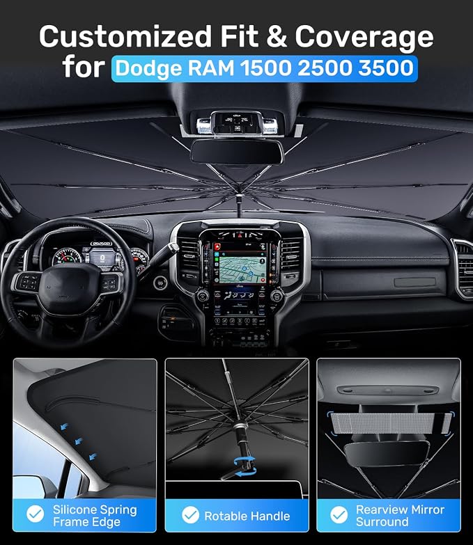 Zanch Upgrade Windshield Sun Shade, Custom Fit for Dodge RAM 1500 2500 3500 [Titanium-Silver Reflective Coating] Blocks 99% UV & Heat, Sunshade Umbrella for RAM 1500 2500 3500, 2015...2023 2024 2025 - Image 5
