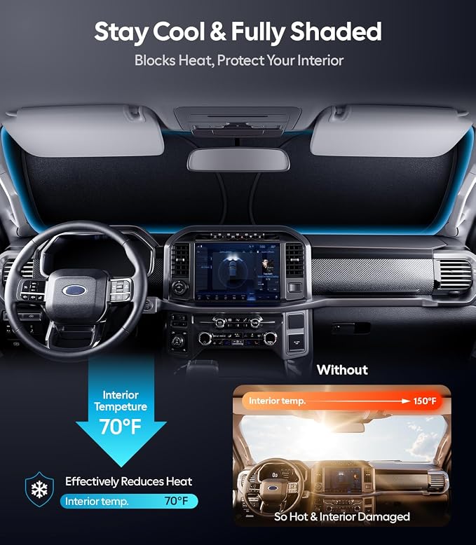 Wigoo for Ford F150/250/350/450 Windshield Sunshade, OEM Design, Keeps Cool | Custom Fit, 100% Sun Block, Foldable Heat Insulation, with Storage Bag, Compatible with Ford F150/250/350/450 (2015-2026) - Image 2