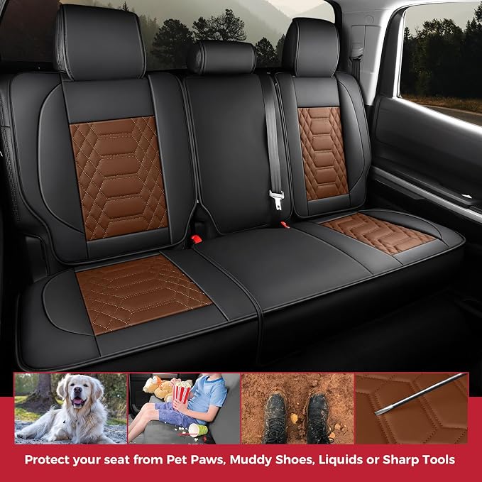 FREESOO Custom Leather for Toyota Tundra Seat Covers 2014-2021 Crewmax Cab | Custom Fit, Full Set, 60/40 Split Bench, Waterproof Faux Leather, for Truck Toyota Tundra Accessories, BlackBrown - Image 6