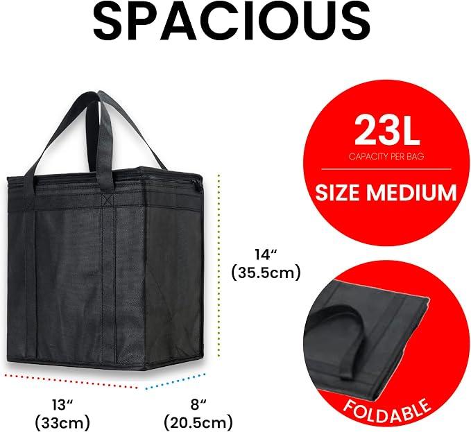 NZ home Insulated Food Bag, Portable Cooler Tote (Medium, Black, 2 Pack) | Thermal bag, For cold and hot food, Soft sided cooler, Heavy duty 4-layered tote, Grocery shopping, Beach or travel bag - Image 2