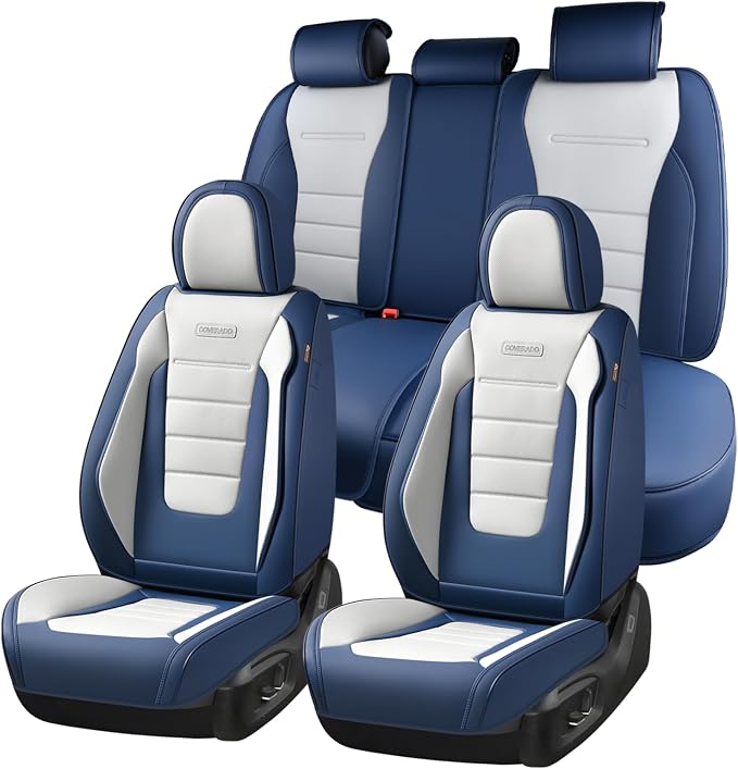 Coverado Car Seat Covers Full Set, Nappa Leather Seat Covers for Cars, Car Seat Protector Car Seat Cushion, Front and Back Seat Protectors Cushions Universal Fit for Most Cars Vehicles(Blue&White) by COVERADOAUTO