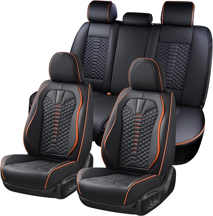 Coverado Leather Seat Covers, Car Seat Covers Full Set, Nappa Leather Seat Covers for Cars, Car Seat Protectors Waterproof, 5 Seats Black&Orange Automotive Seat Covers Fit for Most Cars Trucks by COVERADOAUTO