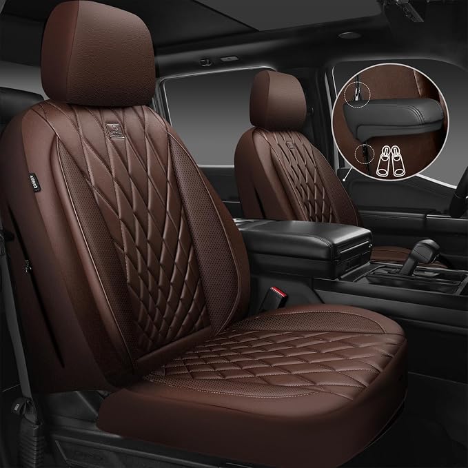CAR PASS Piping Luxury Faux PU Leather Two Front Car Seat Covers, Waterproof Anti Slip Seat Covers Compatible with Front Seat Armrests,Universal Fit for Suvs,Vans,Trucks,Airbag Compatible, All Brown - Image 2