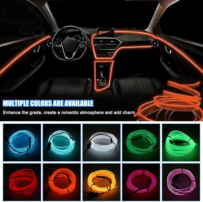 EL Wire Car LED Strip Lights, 10FT 5V USB Vehicle Ambient Lighting Kit with Fuse Protection, Automotive Interior Neon Decoration Lamp with 5mm Sewing Edge, Universal Fit (Orange) - Image 3