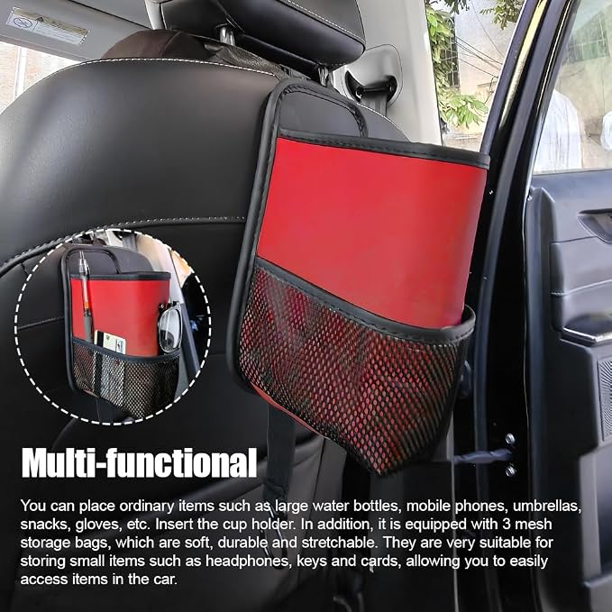 2-in-1 Large Cup Holder, Car Water Bottle Holder, 80 oz Waterproof Leather Car Seat Side Organizer, Multifunctional Seat Side Storage Hanging Bag with Mesh Pocket Fit for Most Vehicles (Red) - Image 5