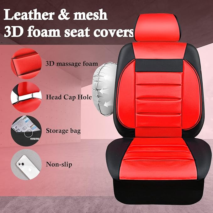 CAR PASS Leather Car Seat Covers Front Seats Only, Universal Fit Automotive Interior Waterproof 3D Foam Back Support Car Seat Covers for Trucks Vans and SUVs Airbag Compatible 2 Pieces （Black Red - Image 3