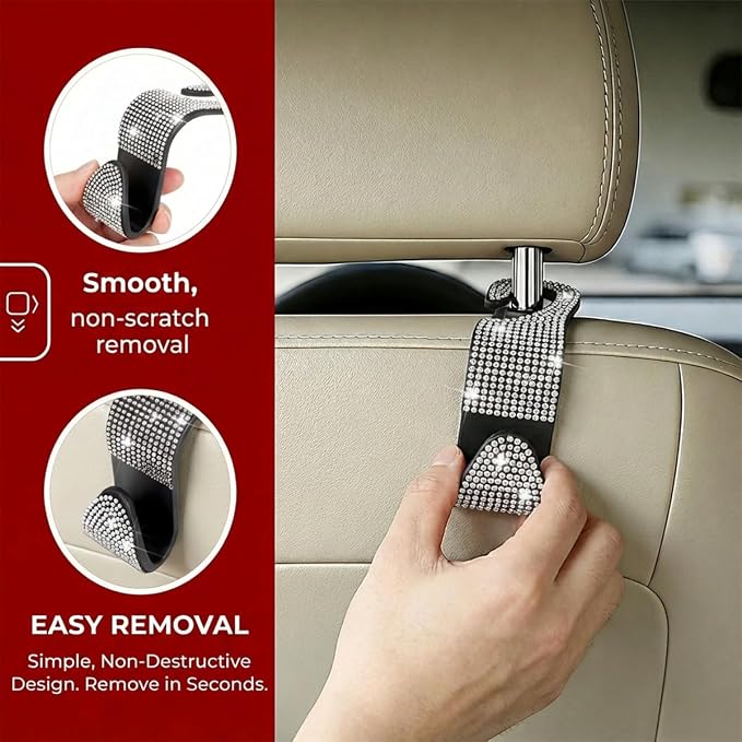 4PCS Bling Car Seat Headrest Hooks, Crystal Rhinestone Vehicle Back Seat Hanger Holder, Auto Interior Headrest Hanging Storage Organizer for Purse Handbag Coat, Universal Fit (Red) - Image 3