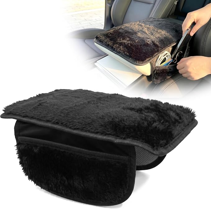Plush Fuzzy Fur Car Armrest Cover with Side Pockets,Black | Fluffy Armrest Cushion Pad,Soft Center Console Cover,Car Interior Storage Accessories ,for Most Car Decoration Protector by Unknown