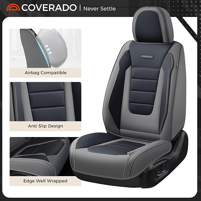 Coverado Car Seat Covers Front, Seat Covers for Cars, Waterproof 2-Pack Car Seat Cushions, Leather Carseat Seat Protectors, Universal Seat Covers Fit for Most Sedans SUV Pick-up Trucks(Gray&Black) - Image 2