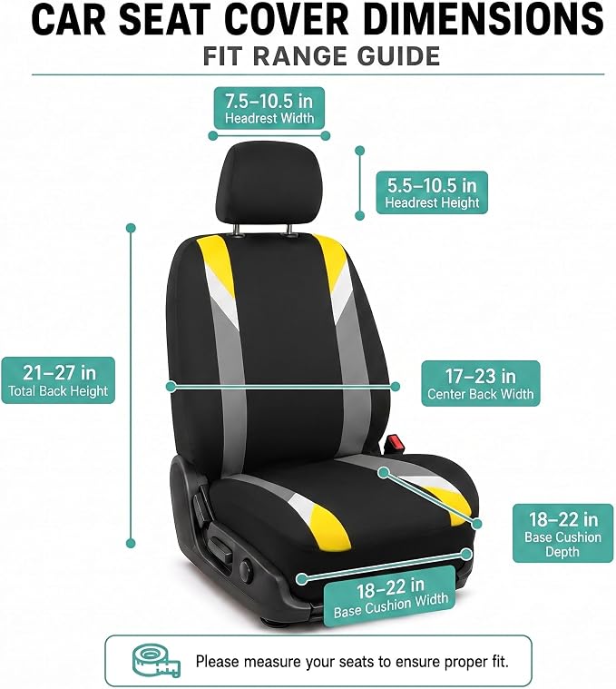 FH Group Front Set Cloth Car Seat Covers for Low Back Car Seats with Removable Headrest, Universal Fit, Airbag Compatible Car Seat Cover for SUV, Sedan, Van, Yellow - Image 8