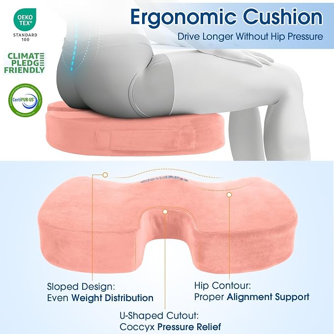 CloudBliss Ergonomic Seat Cushion & Lumbar Support Pillow Set, Pink, XL | Back Pain & Sciatica Relief, Memory Foam Support, Adjustable Straps, Machine Washable Velvet, Perfect for Office, Car, Gaming - Image 6