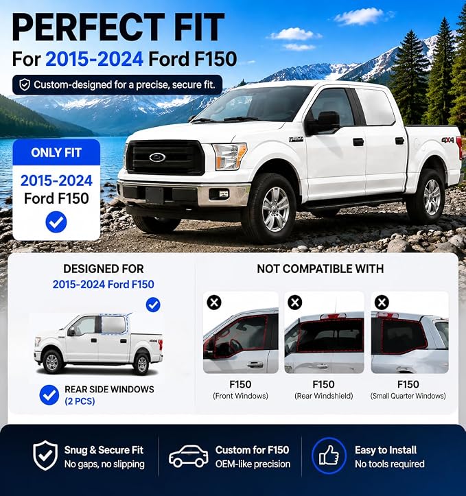 Car Rear Side Window Shades for 2015-2025 Ford F150 Rear Door Window Shade | Window Sun Shade, Breathable Privacy Window Covers, UV Protection & Heat Insulation, Sunshade for Baby Camping Napping, 2PCS - Image 5