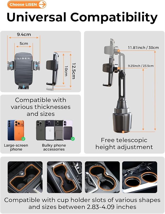 LISEN [Upgraded Version Cup Holder Phone Holder for Car, Universal 360° Adjustable Long Neck Car Phone Mount Golf Cart Truck Jeep, Compatible with iPhone Samsung Google & All 4.0-7.0 '' Phones - Image 8