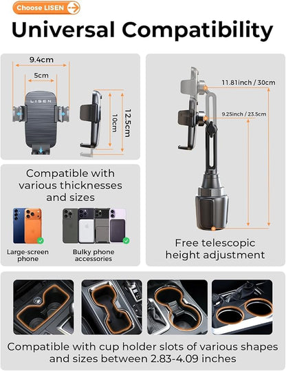 LISEN [Upgraded Version Cup Holder Phone Holder for Car, Universal 360° Adjustable Long Neck Car Phone Mount Golf Cart Truck Jeep, Compatible with iPhone Samsung Google & All 4.0-7.0 '' Phones - Image 8