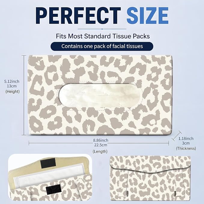 Car Tissue Holder, Cute Sun Visor Napkin Holder Backseat Tissue Case, PU Leather Tissue Box, Funny Car Accessories for Women Men Luxury Grey Leopard - Image 4
