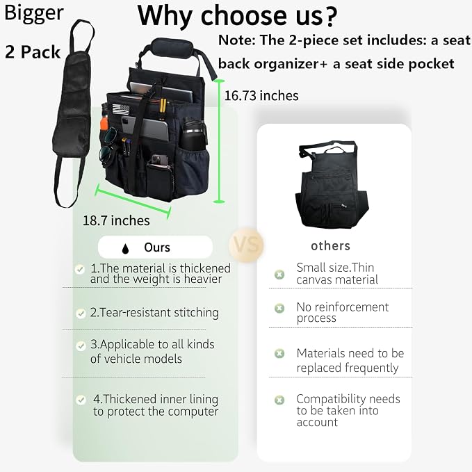 2 Pack Front or Seat back organizer seat side pocket with dedicated tablet and 17 IN laptop storage stabilizers external stabilizing side straps soft adjustable shoulder straps (Large Black) - Image 2