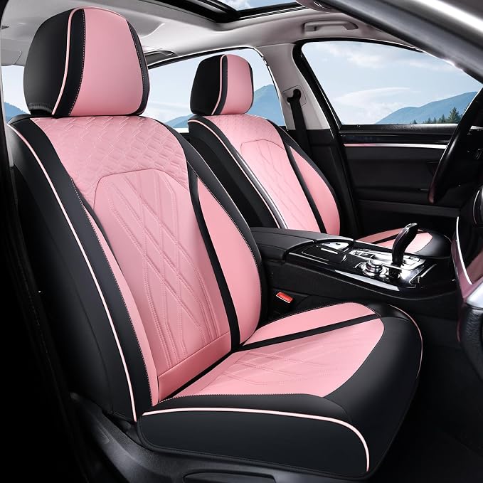 FLORICH Leather Cars Seat Covers Full Set Pink Car Seat Covers Front and Rear Seat Covers for Car Waterproof Vehicle Seat Interior Cover Universal Fit for Most Car Truck SUV, Black&Pink - Image 2