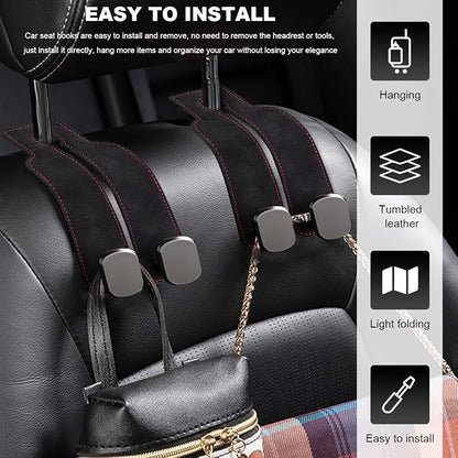2 PCS Car Seat Headrest Hook, Suede Leather Back Seat Organizer Double Metal Hooks, Universal Headrest Hanger Convenient Vehicle Storage Hook for Purse Handbag Coats (Black) - Image 5