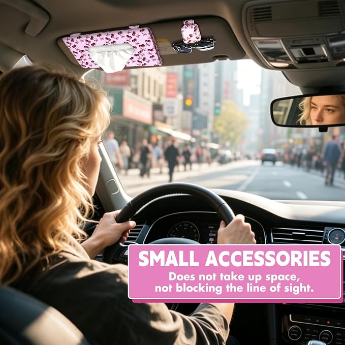 2 Pcs Sunglass Holder and 1Pcs Car Tissue Holder for Car,Magnetic Leather Sunglasses Holder Car Sun Visor Glasses Hanger Clip,Car Interior Accessories for Women(Pink Cherry) - Image 7