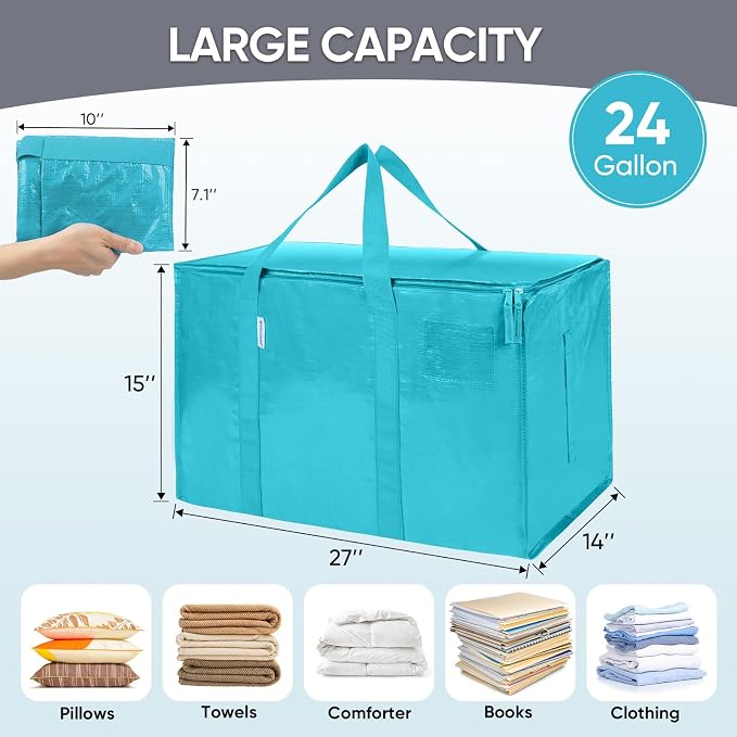 TICONN 8 Pack Extra Large Moving Bags Heavy Duty with Zippers & Carrying Handles, Durable Storage Bags Moving Boxes for Closet Organizers and Storage (8 Pack, Aqua) - Image 5