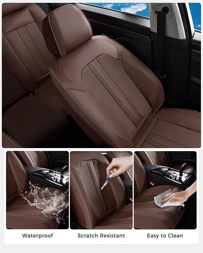 Huidasource Coffee Seat Covers, Luxury Faux Leather Car Seat Cover, Velcro Adjustable, with Airbags, Child Seat, Perforation Cooling＆Heating, Universal Fit for Most Cars, Vans, Trucks, SUVs, Coffee - Image 7
