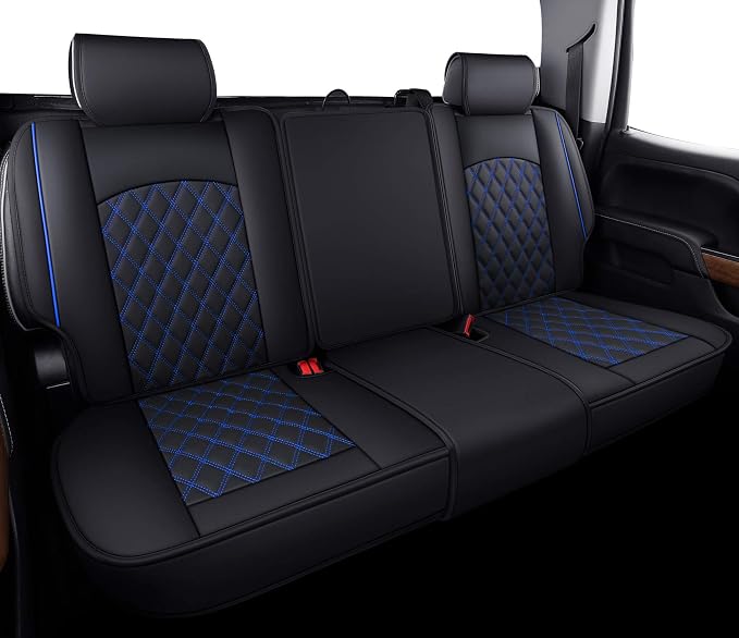 Back Seat Covers Chevy Silverado GMC Sierra 2007-2026 1500 2500HD 3500HD | Aierxuan Custom Fit Truck Pickup Crew Double Extended Cab Waterproof Leather Split Bench Rear Cushion Black-Blue by Aierxuan