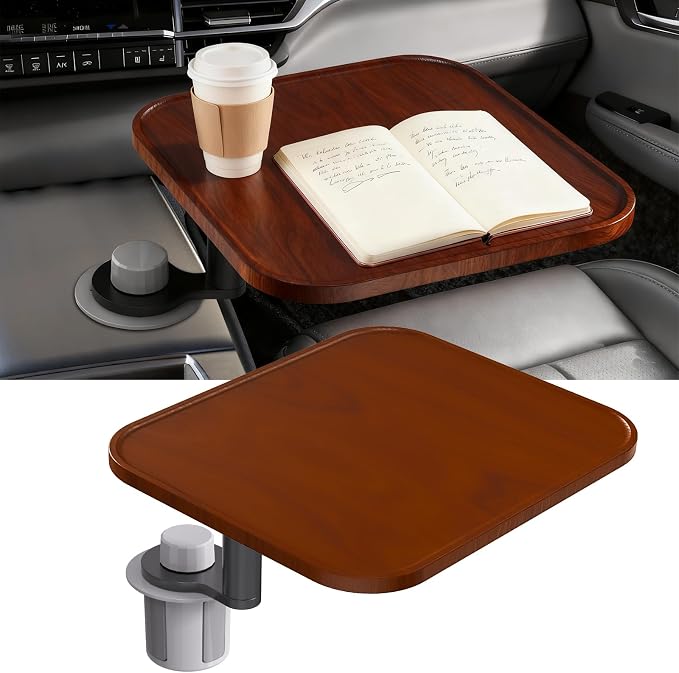 360° Rotation Car Desk for Laptop, Height-Adjustable Cup Holder Table, Wooden Car Food Tray & Laptop Mount Compatible with Tesla Model Y/3/S, Ford F150/Explorer/Maverick & Most Vehicles (Warm Walnut) by VSTMUS