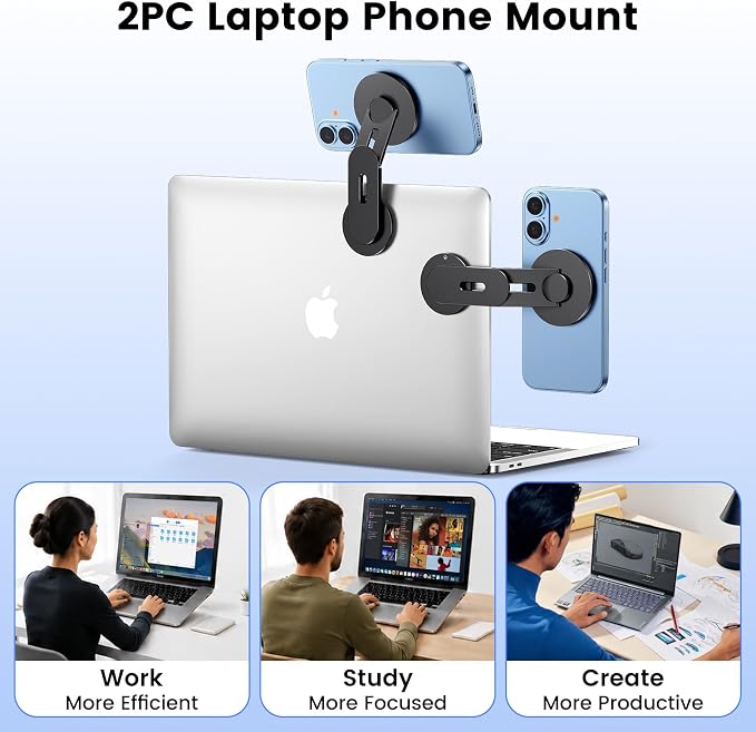 Magnetic 2PC Phone Holder for Laptop, MagSafe Laptop Phone Mount for iPhone 17/16/15/14/13/12 & All Phones, 180°Adjustable Phone Side Mount for Monitors for Tesla 3/Y - Image 9