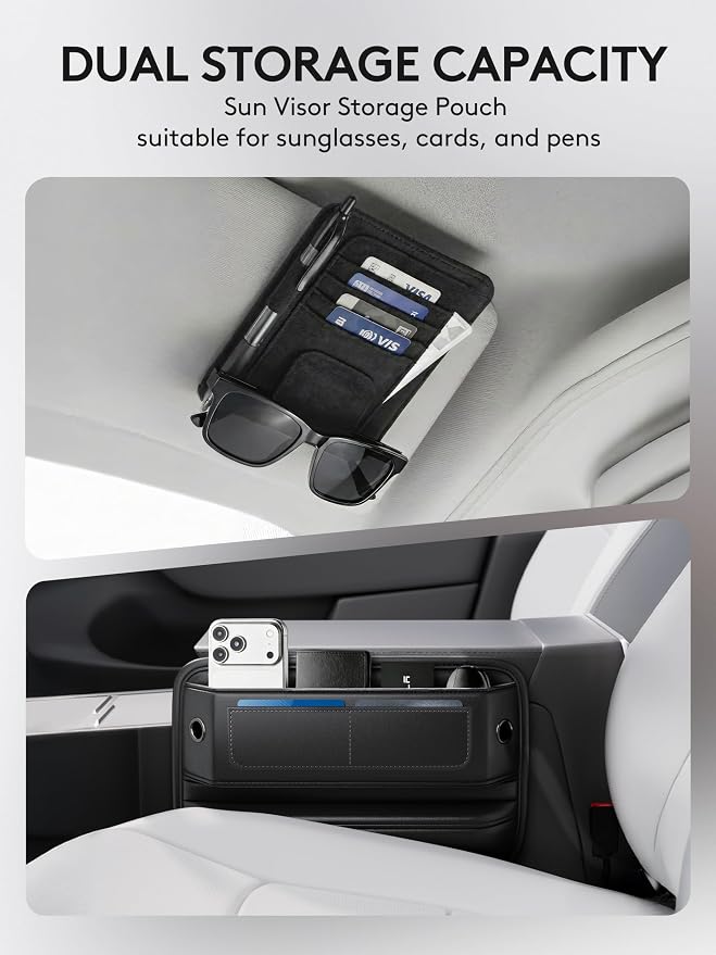 Car Seat Gap Filler Organizer with Sun Visor Organizer | PU Leather Seat Gap Filler for Phone, Keys, Cards & Sunglasses, Front Seat Storage Side Pocket for Cars SUVs Trucks - Image 2