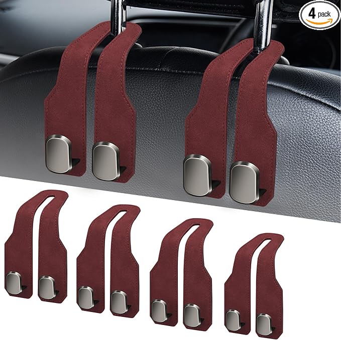 Car Purse Hook, Car Seat Headrest Hooks, Hot Pink Leather 4 Pack | Car Purse Holder Hooks, Universal Car Hangers Seat Back Organizer Storage, Double Metal Hooks for Grocery Purses and Bags by RAOZBE