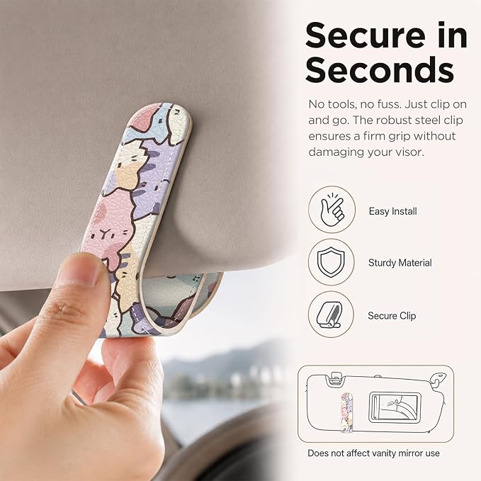 Sunglasses Holder for Car Visor, PU Leather Glasses Clip Organizer, Cute Magnetic Eyeglass Holder for Vehicle Sun Visor, Car Interior Accessory for Women & Men, Pastel Cats - Image 4