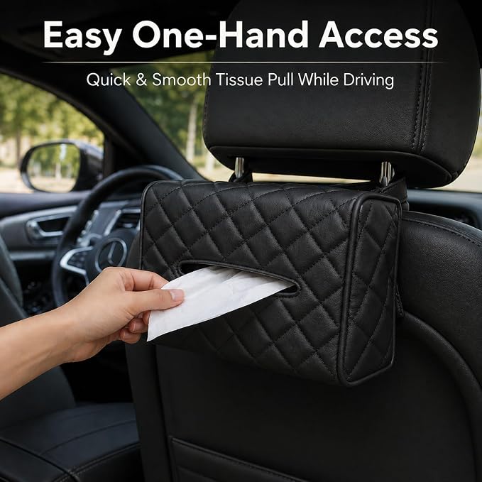 Luxury Quilted Car Tissue Holder – Headrest-Mounted Tissue Box for Cars, SUVs & Trucks – PU Leather Tissue Dispenser with Secure Strap – Easy One-Hand Access (Black) - Image 2