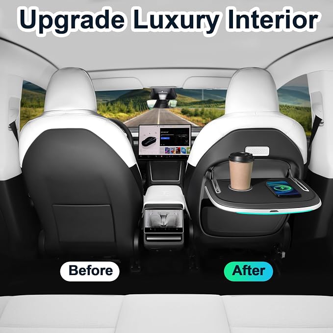 Tray Table for Tesla Model Y Model 3, Folding Seat Back Food Tray for Tesla | Premium Leather Tesla Table, Ambient Lighting,Adjustable Tray Angles, Tesla Seat Back Tray Table Desk for Food Eating, Laptop - Image 3