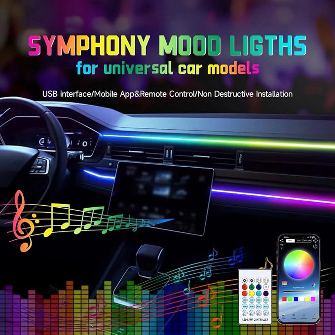 Interior Car Ambient Lighting Neon Kit for Center Console Dashboard Gap | 43.3 Inches, High Bright, RGB LED Ultrathin Acrylic Strip Lights, APP & Remote Control, USB interface, Music Sync, Universal - Image 2