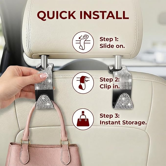 4PCS Bling Car Seat Headrest Hooks, Crystal Rhinestone Vehicle Back Seat Hanger Holder, Auto Interior Headrest Hanging Storage Organizer for Purse Handbag Coat, Universal Fit (Blue) - Image 4